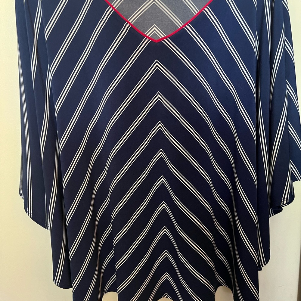 Susan Graver Navy and White Chevron V-Neck Blouse with Pink Trim